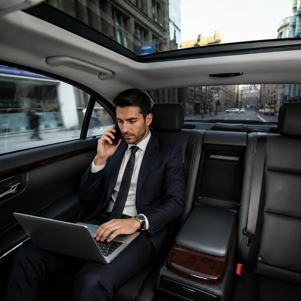 Executive working comfortably in the back seat of a luxury black car