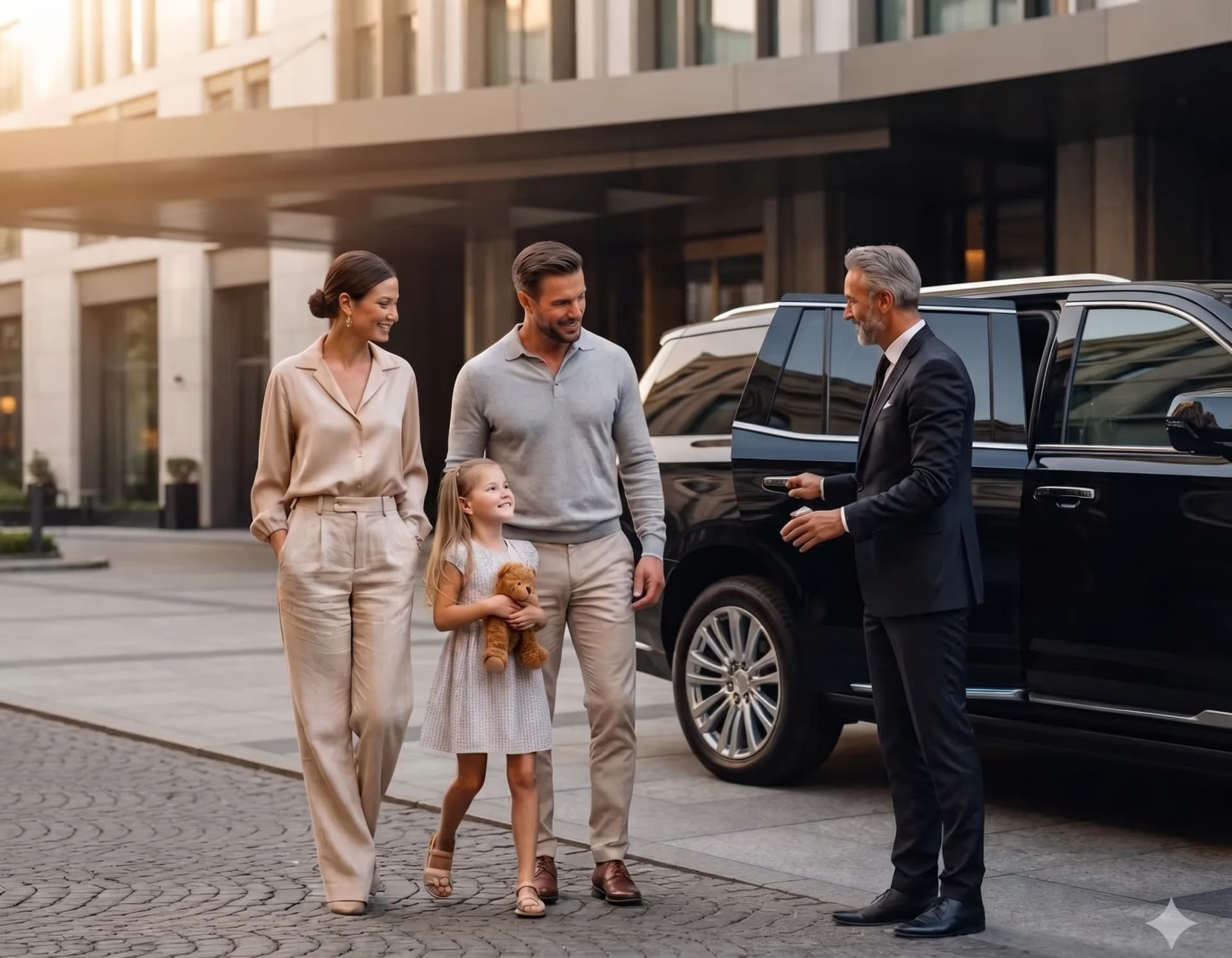 Professional chauffeur opening a luxury SUV for a family in New York City