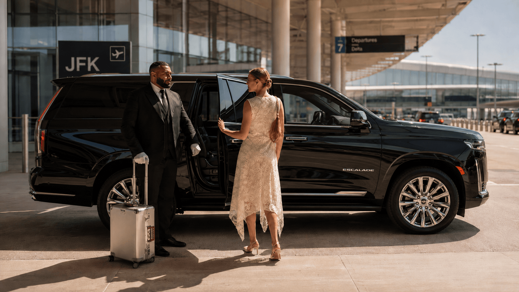 Chauffeur assisting passenger into black Escalade at JFK Airport