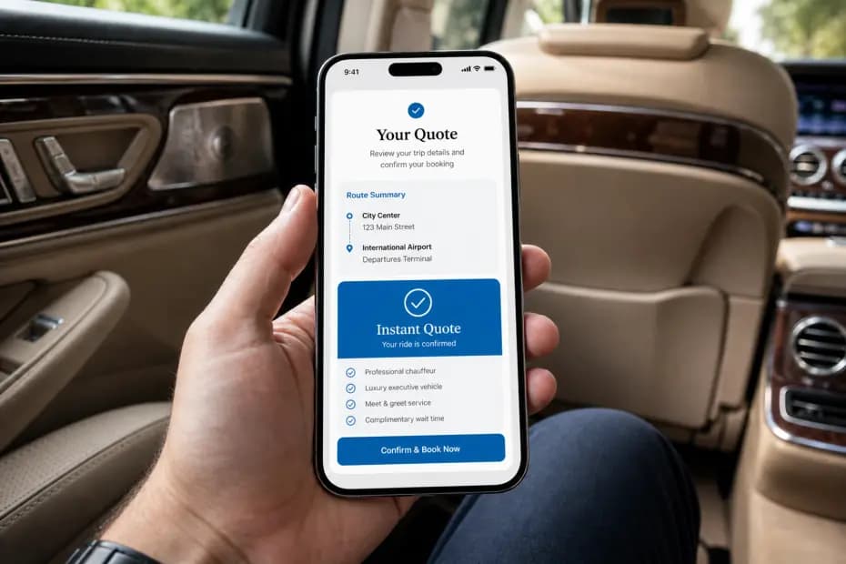 Phone showing an instant chauffeur quote inside a luxury vehicle
