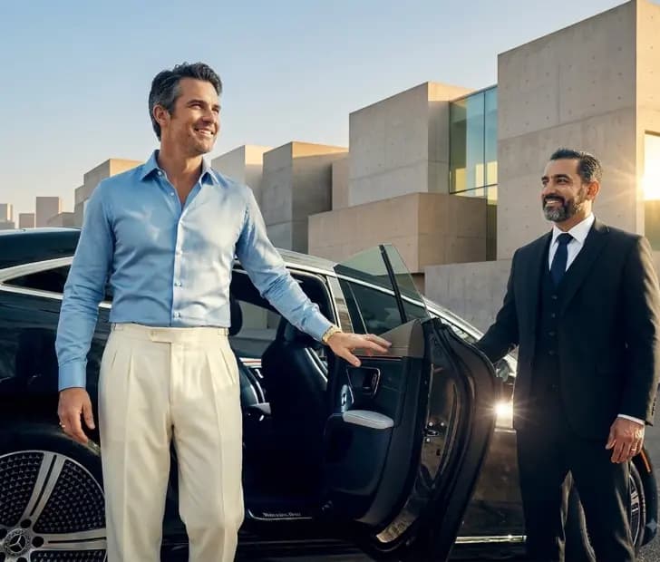 Chauffeur holding the door open for a passenger stepping out of a luxury sedan