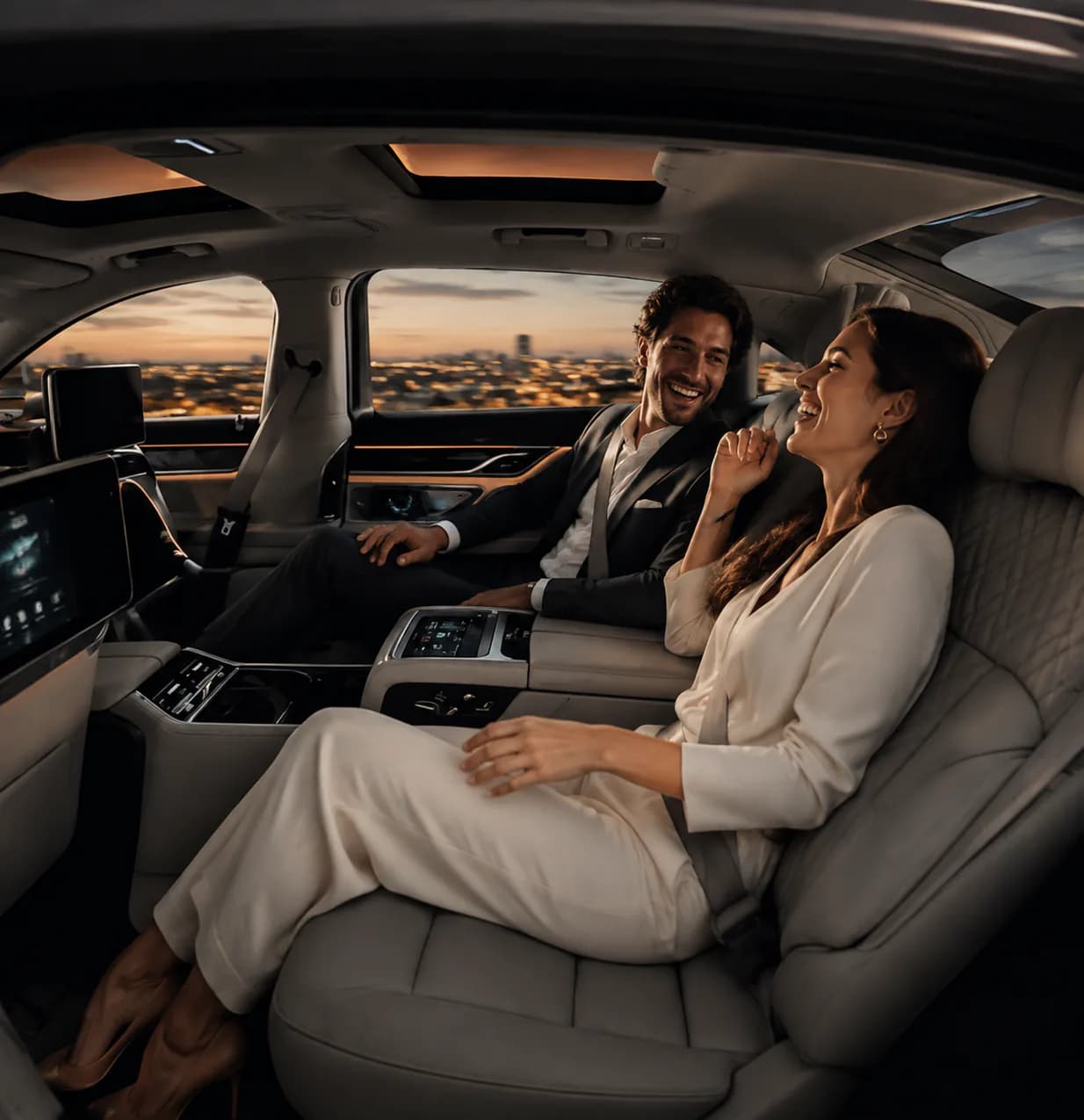 Couple traveling in a luxury vehicle with a city skyline at sunset