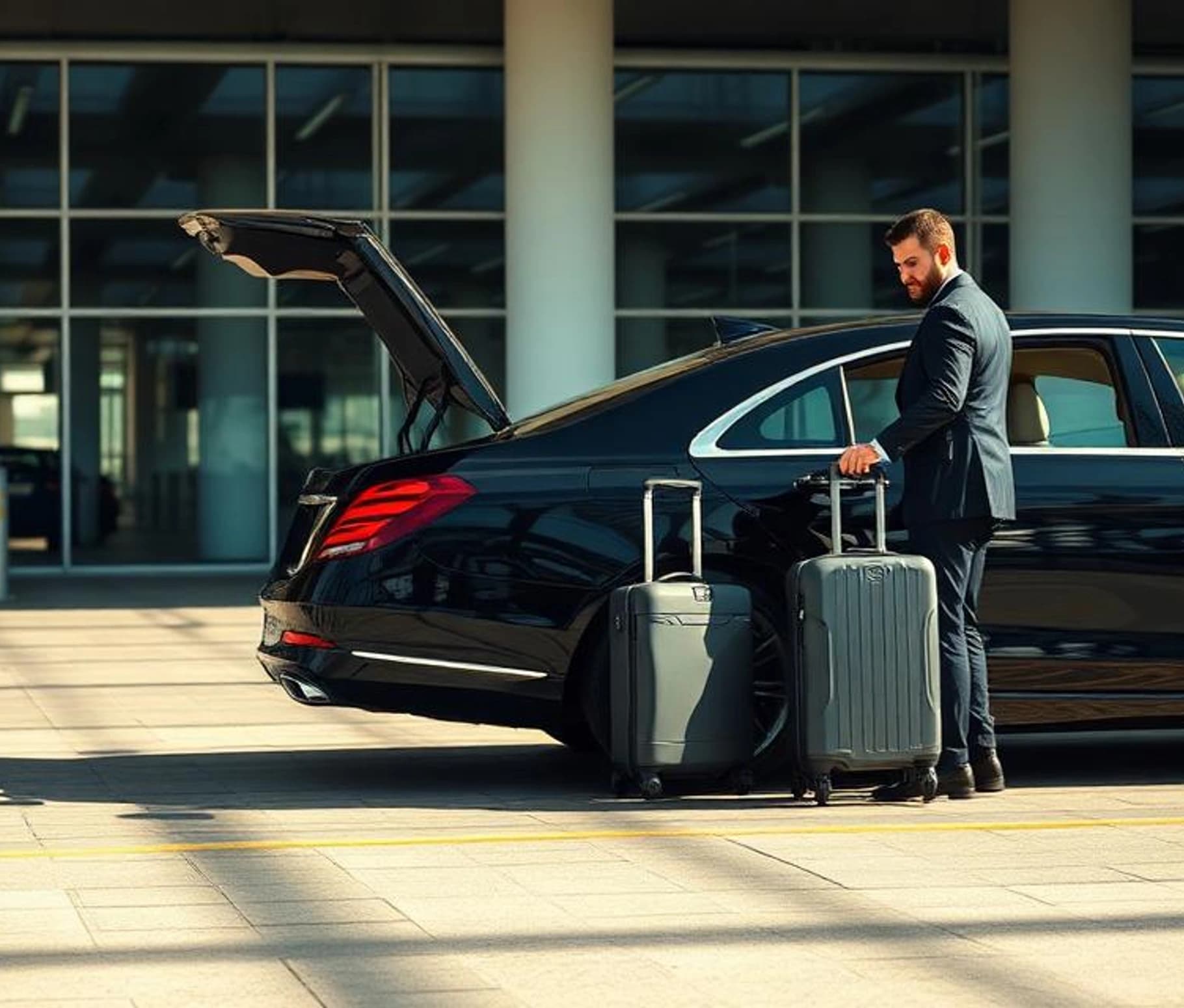 Chauffeur beside a luxury sedan at the airport with a departing plane
