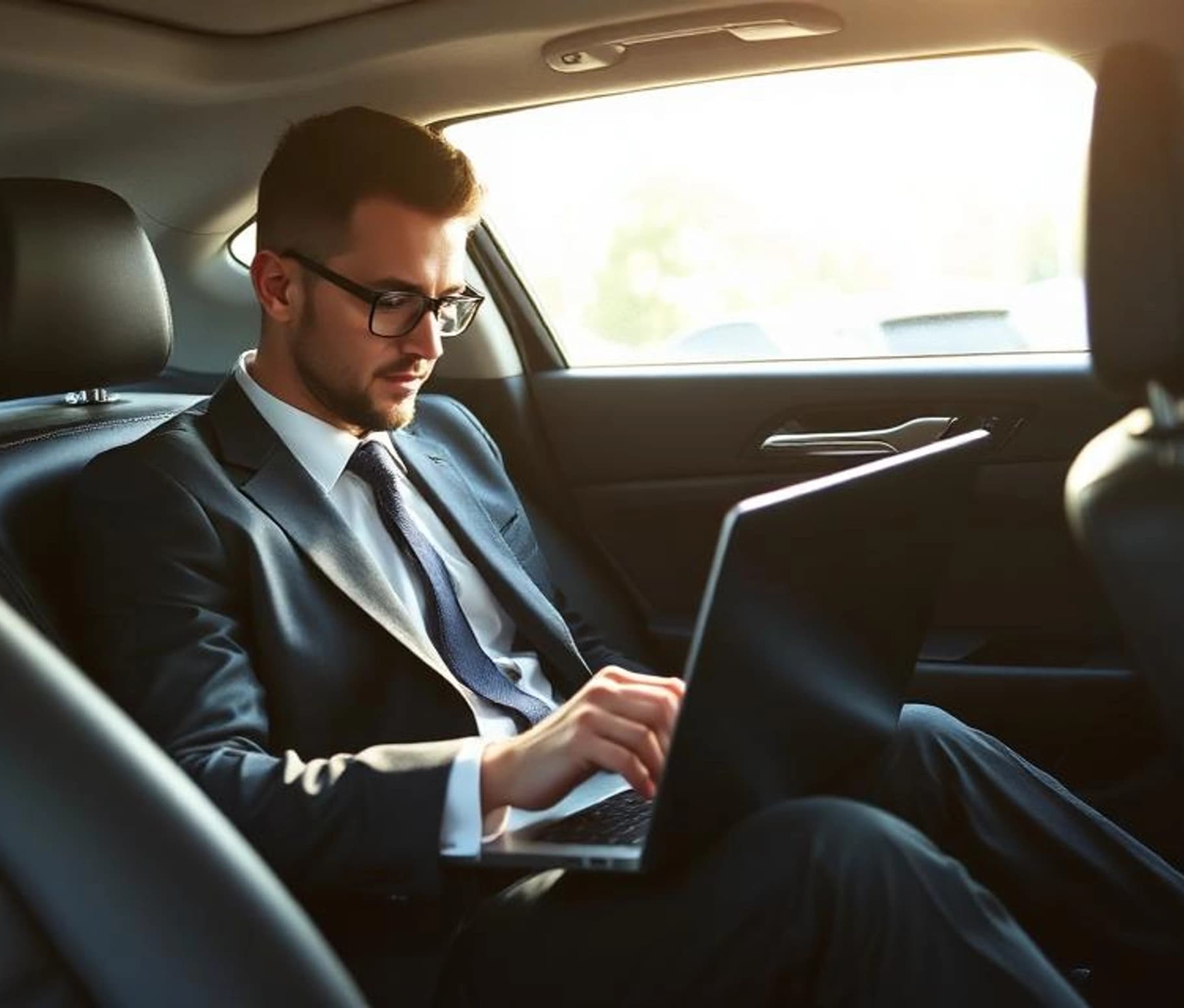 Executive beside a chauffeured black car
