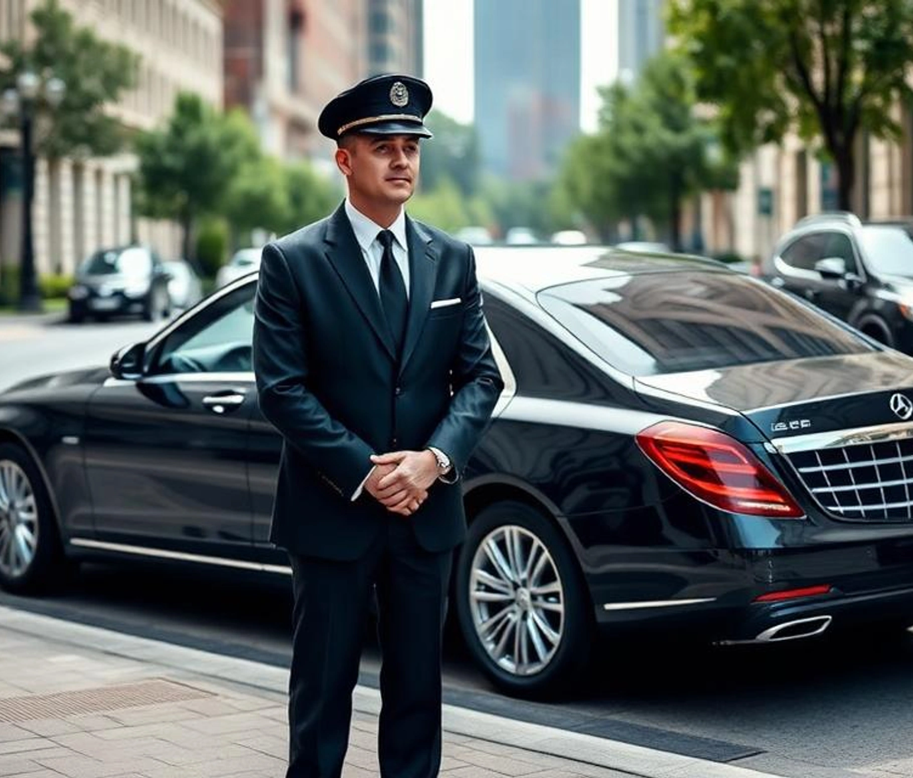 Professional hourly chauffeur standing beside a luxury sedan