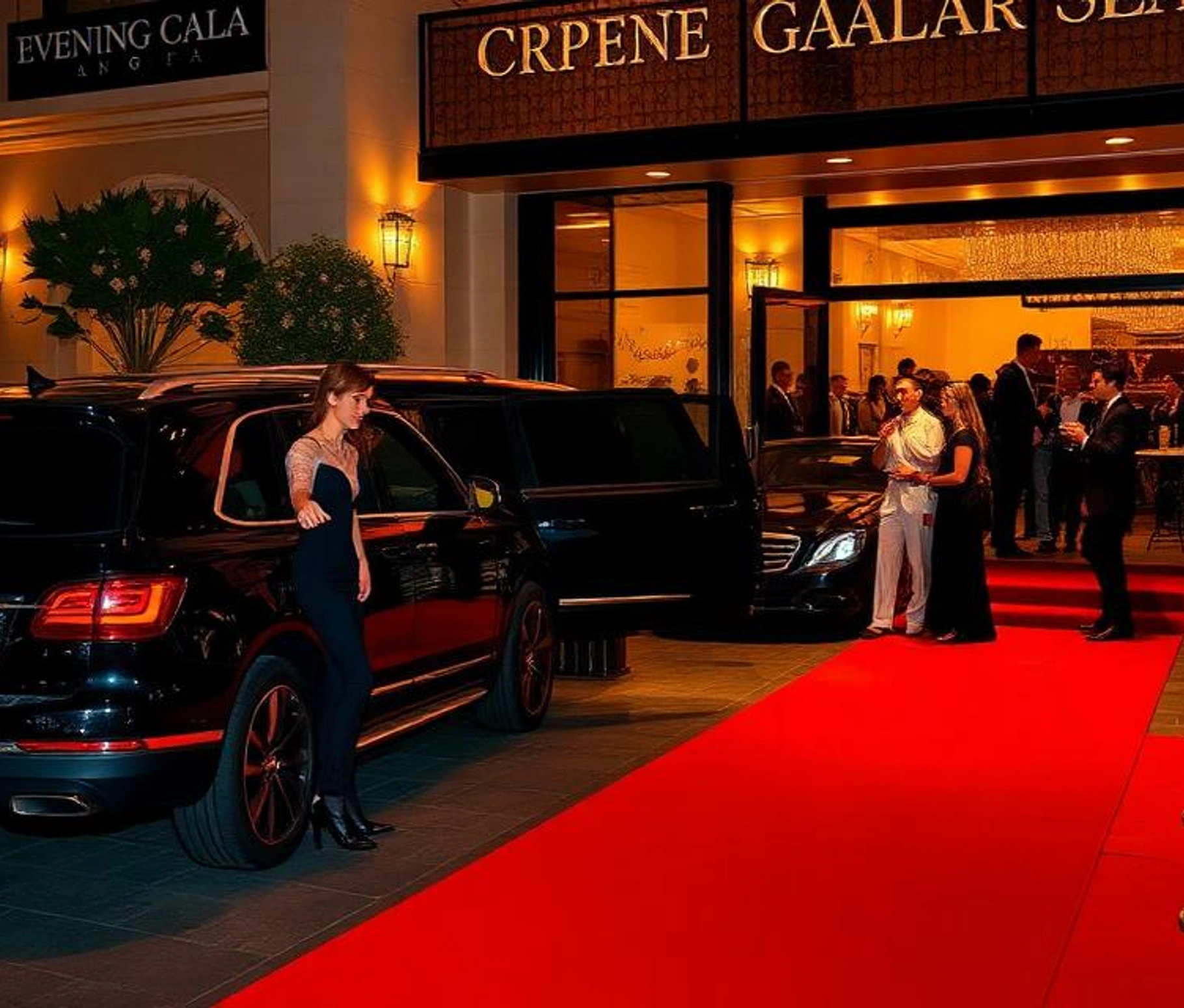 Luxury vehicle arriving at a red-carpet evening event