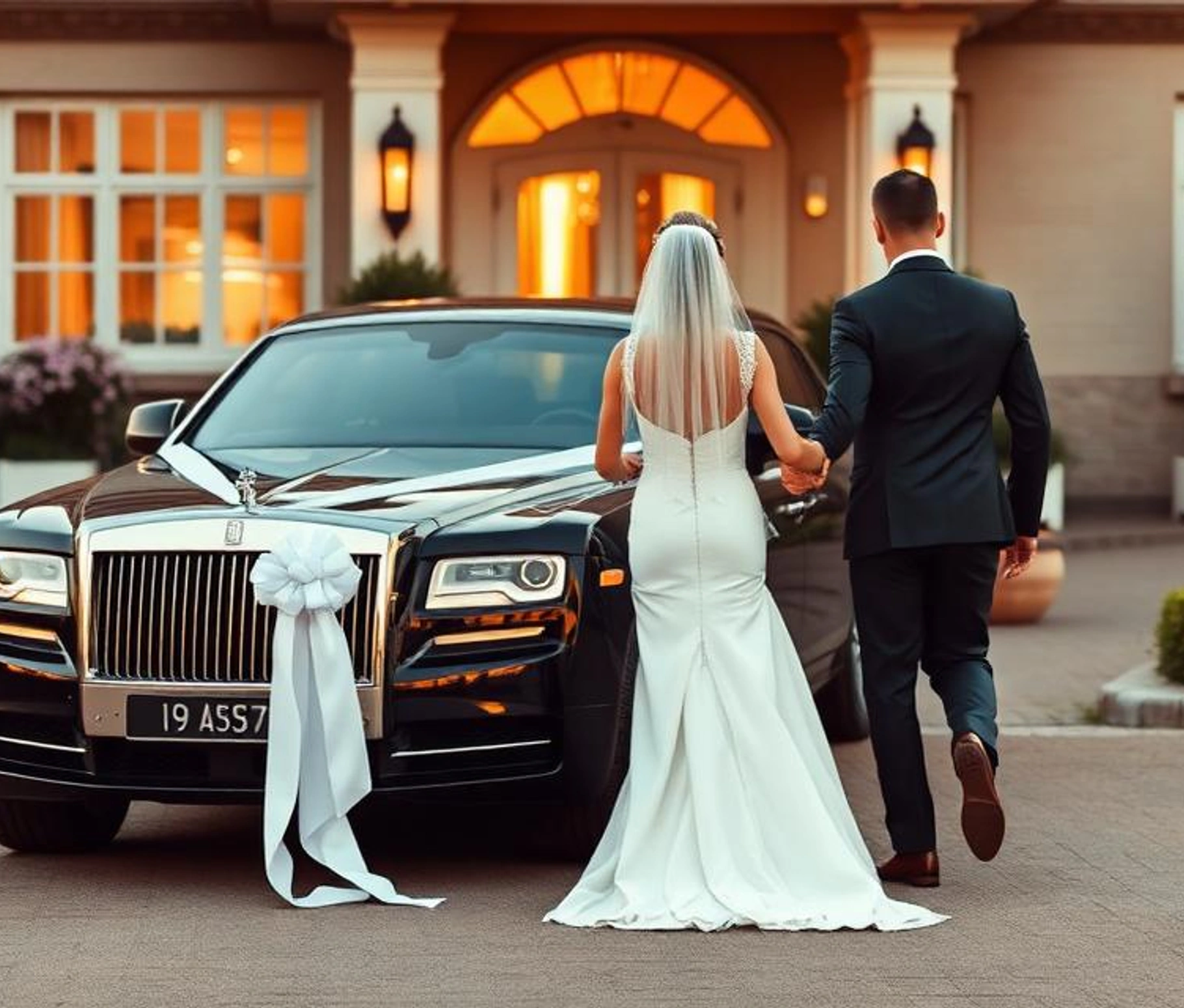 Wedding couple walking toward a decorated luxury chauffeur car