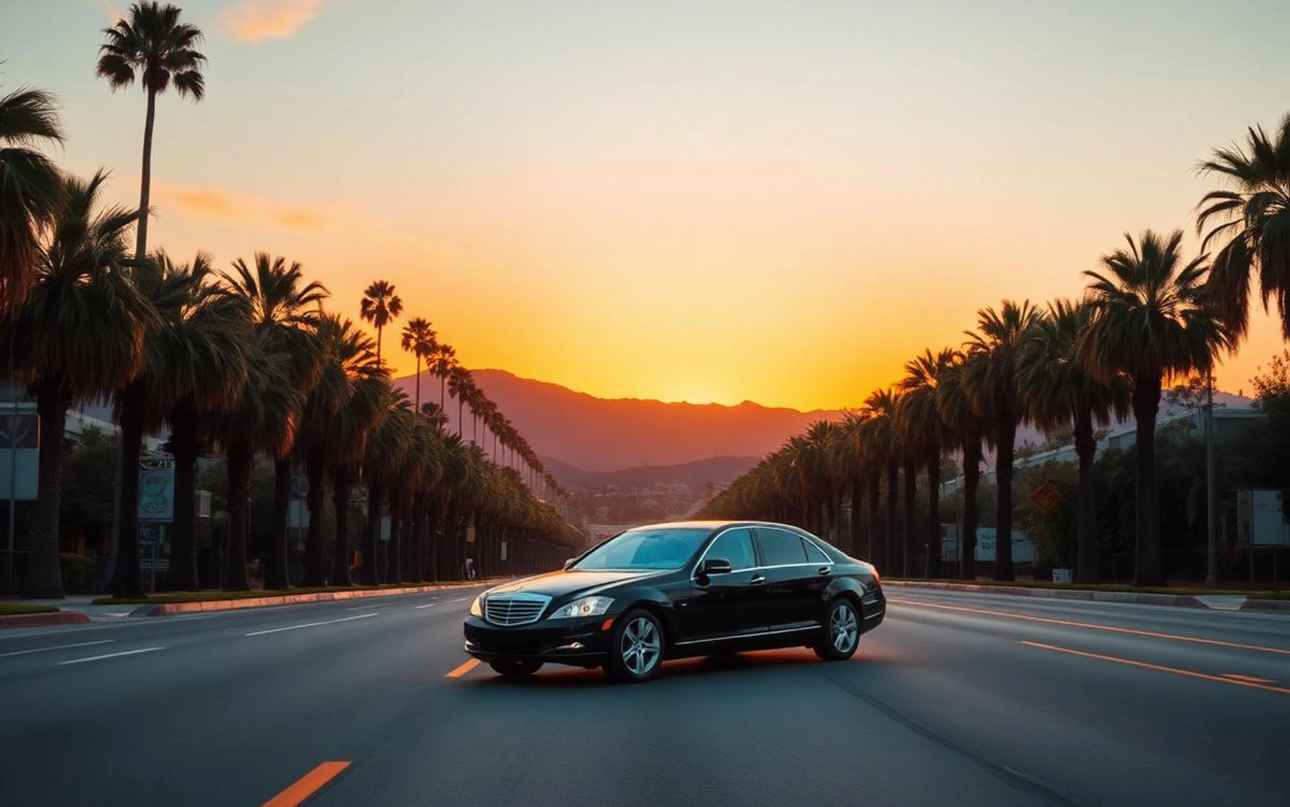 Luxury chauffeur vehicle in Los Angeles at dusk
