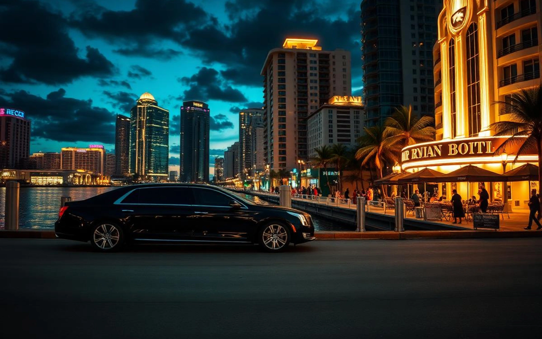 Chauffeur sedan arriving in Miami near the waterfront