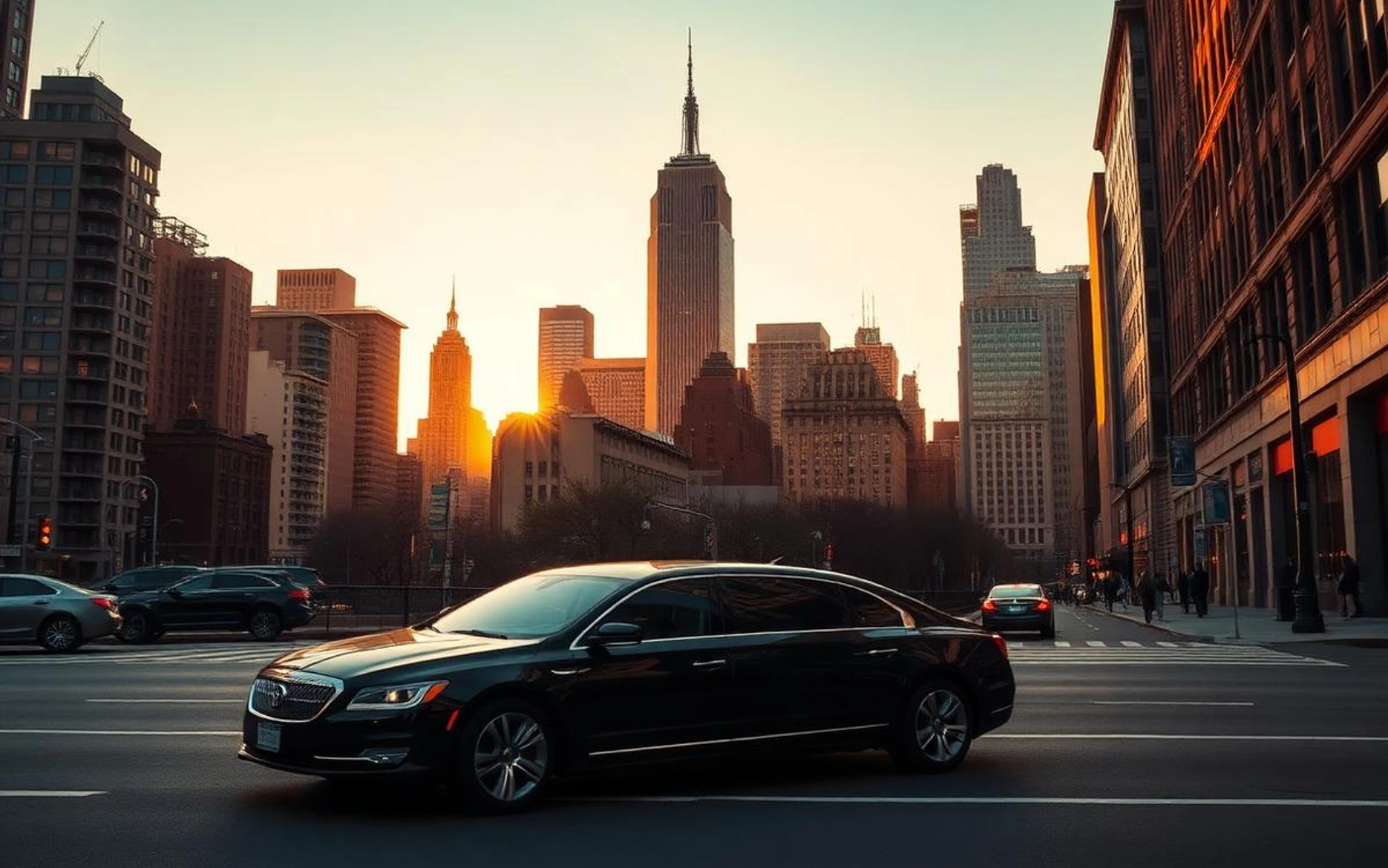 Black chauffeur sedan on a New York City street at sunset